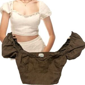 Aritzia Wilfred brown linen crop top puff sleeve